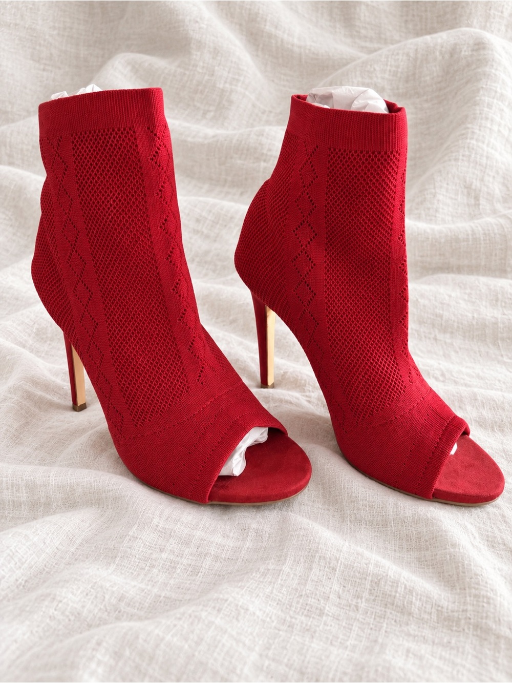 JustFab Red Knit Peep Toe Sock Booties Stiletto Heels Size 8.5